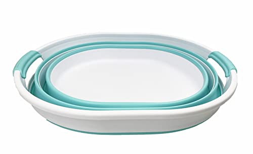 SAMMART 23L (6 Gallons) Collapsible Plastic Laundry Basket - Oval Tub/Basket - Foldable Storage Container/Organizer - Portable Washing Tub - Space Saving Laundry Hamper (White/Sage Green) (