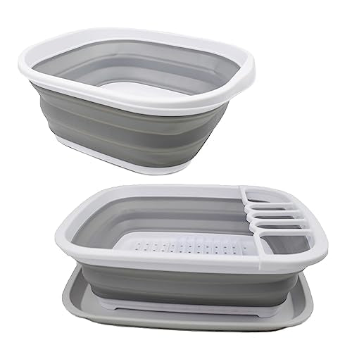 SAMMART 2-pcs Set of 10L(2.6 Gallons) Collapsible Tub & 8L(2.11Gallons) Collapsible Dish Drainer with Drainer Board-Foldable Drying Rack Set-Portable Washing Basin-Space Saving Washtub