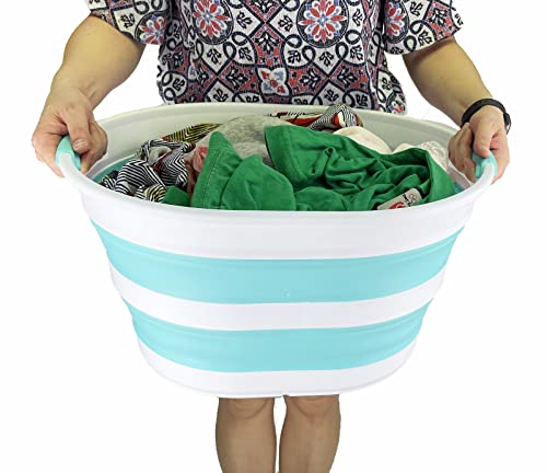 SAMMART 23L (6 Gallons) Collapsible Plastic Laundry Basket - Oval Tub/Basket - Foldable Storage Container/Organizer - Portable Washing Tub - Space Saving Laundry Hamper (White/Sage Green) (