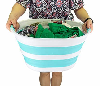 SAMMART 23L (6 Gallons) Collapsible Plastic Laundry Basket - Oval Tub/Basket - Foldable Storage Container/Organizer - Portable Washing Tub - Space Saving Laundry Hamper (White/Sage Green) (