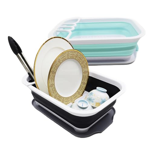 SAMMART 7.5L (2 Gallon) Collapsible Dish Drainer with Drainer Board - Foldable Drying Rack Set - Portable Dinnerware Organizer - Space Saving Kitchen Storage Tray
