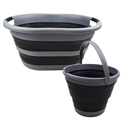 SAMMART 2 pcs Set : 36L (9.5 gallons) Collapsible Plastic Laundry Basket & 10L (2.6 gallons) Collapsible Bucket - Pop Up Saving