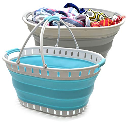 SAMMART 2pcs Laundry Set : Collapsible Plastic Laundry Tub and Basket - Foldable Pop Up Storage Container/Organizer - Portable Shopping Basket - Space Saving Hamper/Tub