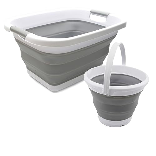 SAMMART 2 pcs Set : 25L (6.6 Gallon) Collapsible Plasic Laundry Basket & 5.5L (1.4 Gallon) Collapsible Bucket/Waterpot