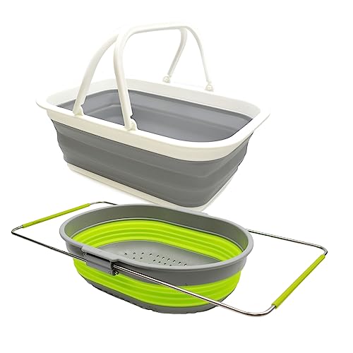 SAMMART 9.2L (2.37Gallon) Collapsible Tub with Handle & 5L (1.32 Gallon) Over The Sink Oval Colander