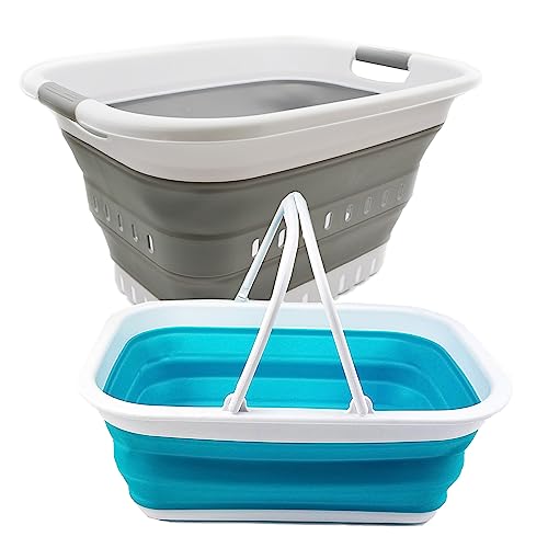 SAMMART 2 pcs. Set 9.2L (2.37Gallon) Collapsible Tub with Handle & 37L (9.77 Gallon) Collapsible Plastic Laundry Basket-Portable Outdoor Picnic Basket/Crater-Space Saving Storage