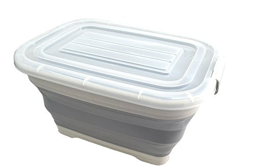SAMMART Collapsible Plastic Storage Box With Rolling Wheel & Locking Lid - Foldable Extra Large Size Laundry Basket - Portable Car Trunk Organizer - Space Saving Container