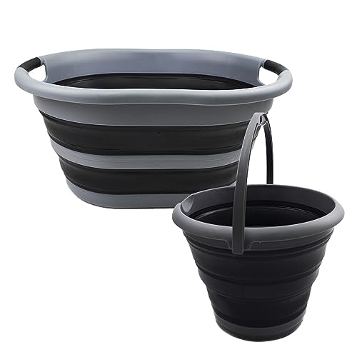 SAMMART 2 pcs Set : 36L (9.5 Gallon) Collapsible Plasic Laundry Basket & 10L (2.64 Gallon) Collapsible Bucket/Waterpot