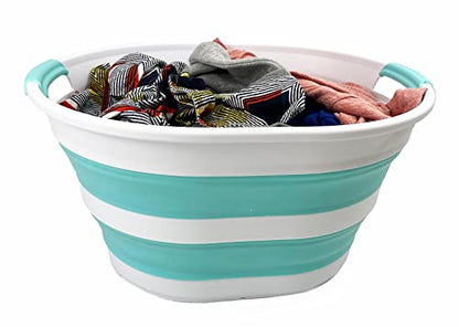 SAMMART 23L (6 Gallons) Collapsible Plastic Laundry Basket - Oval Tub/Basket - Foldable Storage Container/Organizer - Portable Washing Tub - Space Saving Laundry Hamper (White/Sage Green) (