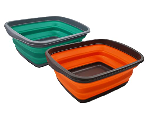 SAMMART 10L (2.6 Gallons) Set of 2 Collapsible Tub - Foldable Dish Tub - Portable Washing Basin - Space Saving Plastic Washtub (Bluish-Green & Orange)